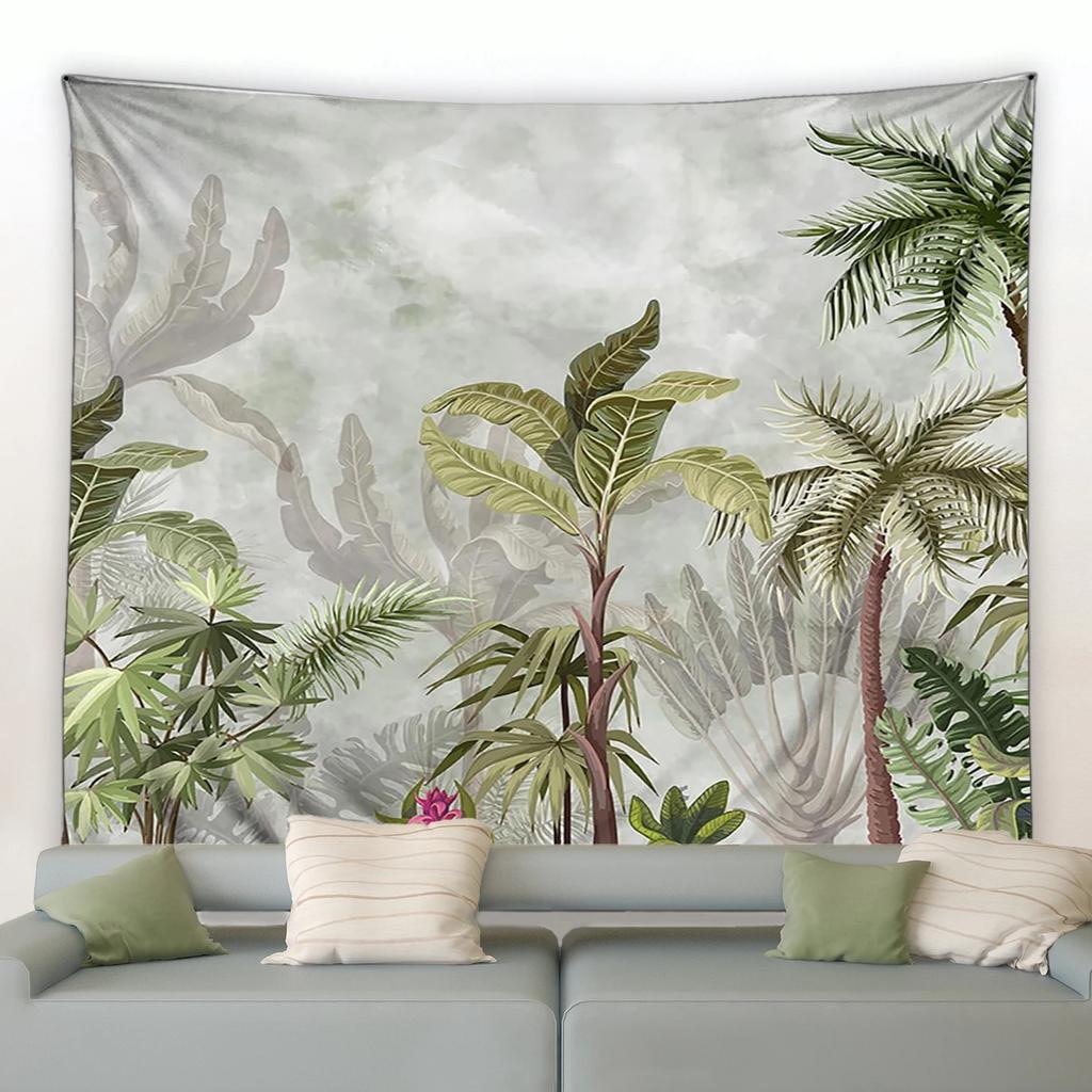 Tropical Plants Tapestry Colorful Parrot Monstera Banana Leaves Watercolor Wall Hanging Natural Landscape Living Room Tapestries