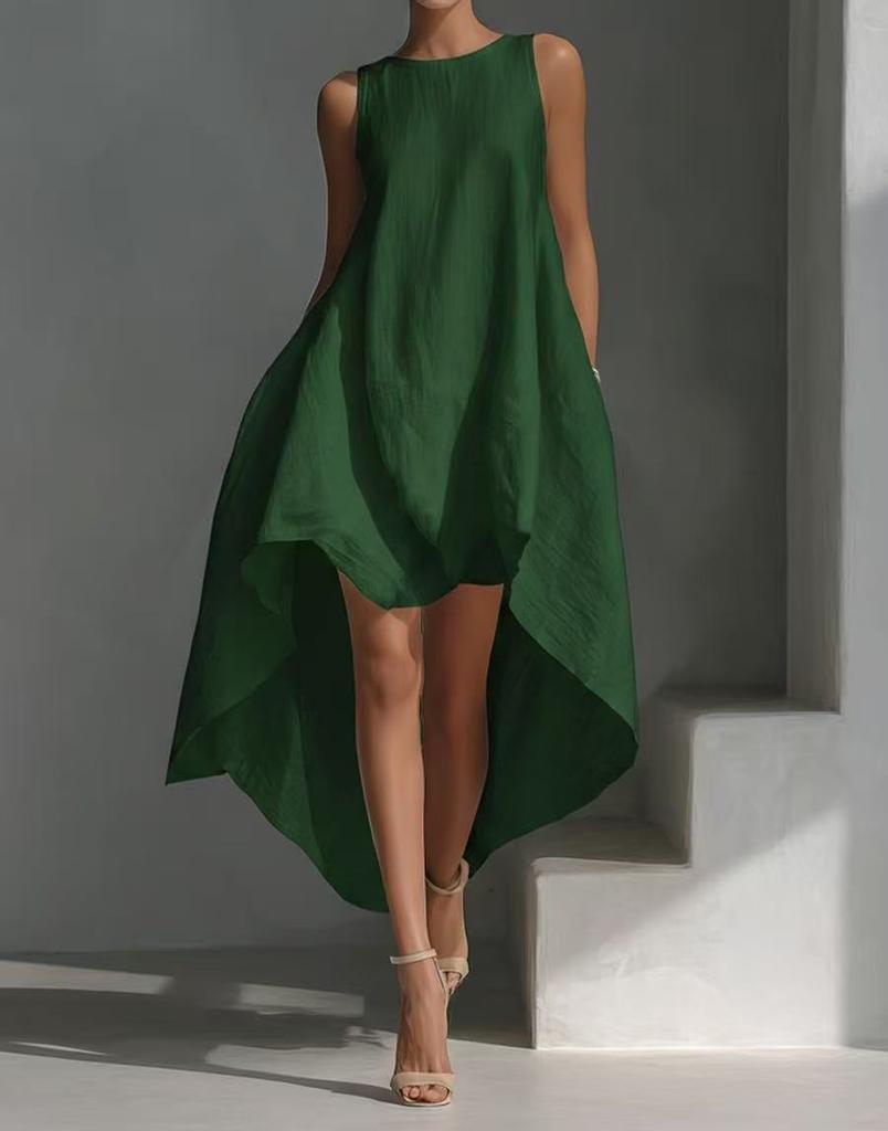 2026 Women's New Sleeveless Front Short Rear Long Irregular Cotton and Linen Dress