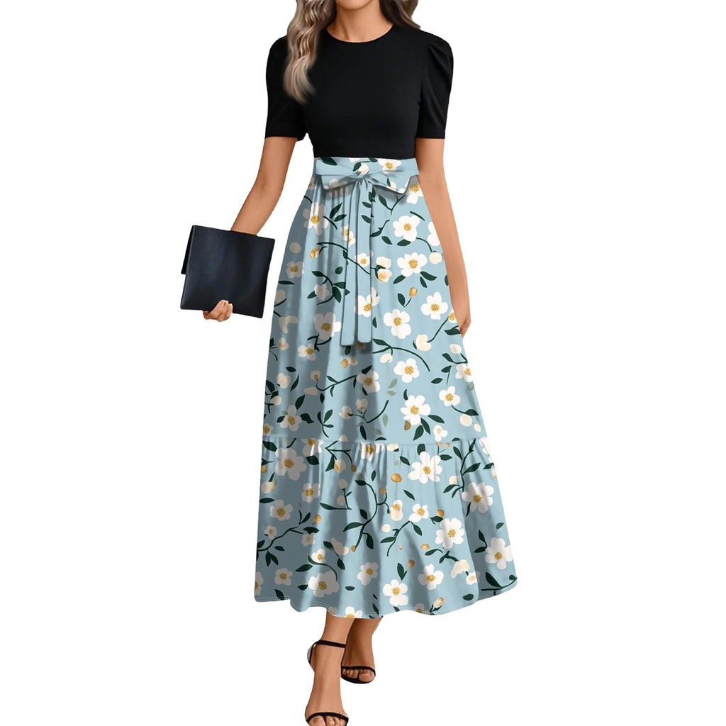 Ladies Fashion Casual Belt Short Sleeve Round Neck Floral Print Splicing Elegant Temperament Dress