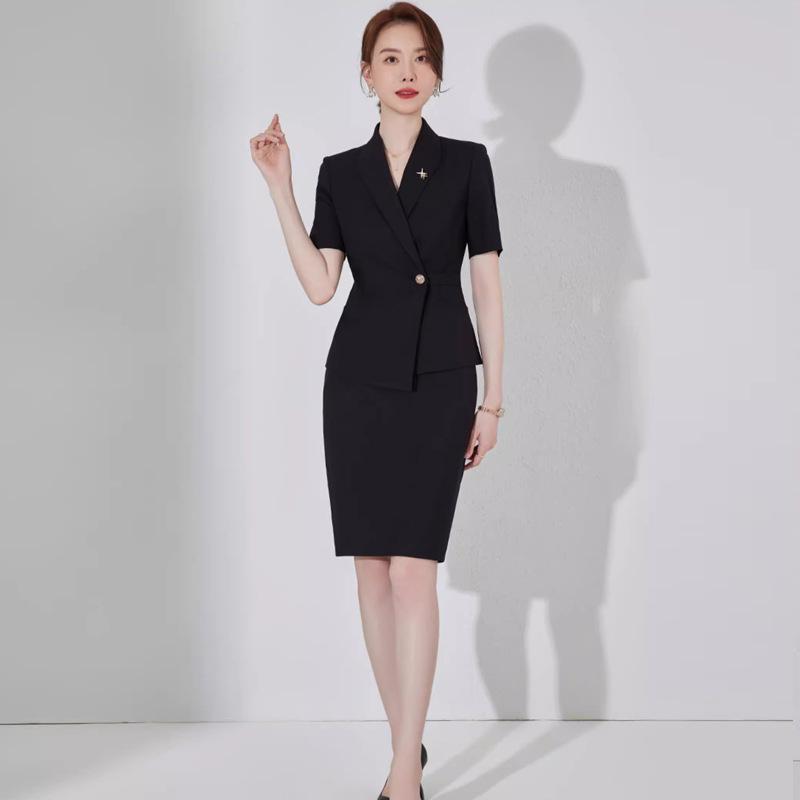 Women's 2023 Petite Summer Short Sleeve Black Suit Jacket - Professional Workwear Set
