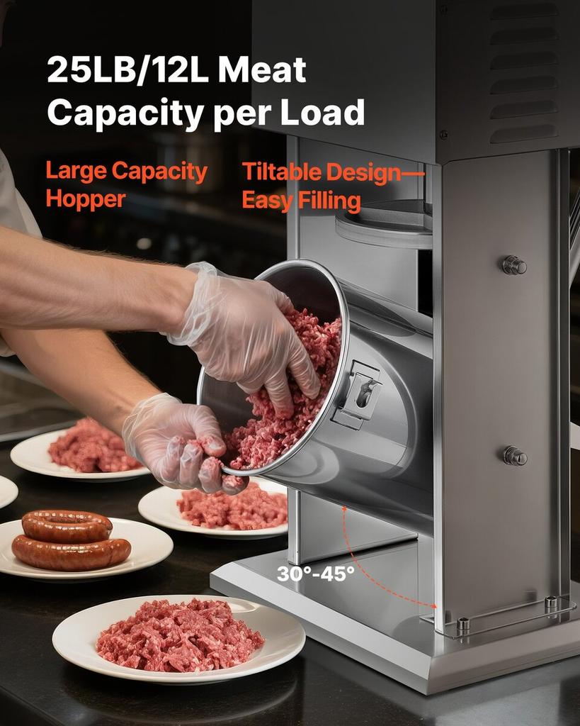 Electric Sausage Stuffer, 25 LBS / 12 L Vertical Meat Stuffer, Stepless Speed Control and Foot Pedal, Stainless Steel Heavy Duty Sausage Filler with 4