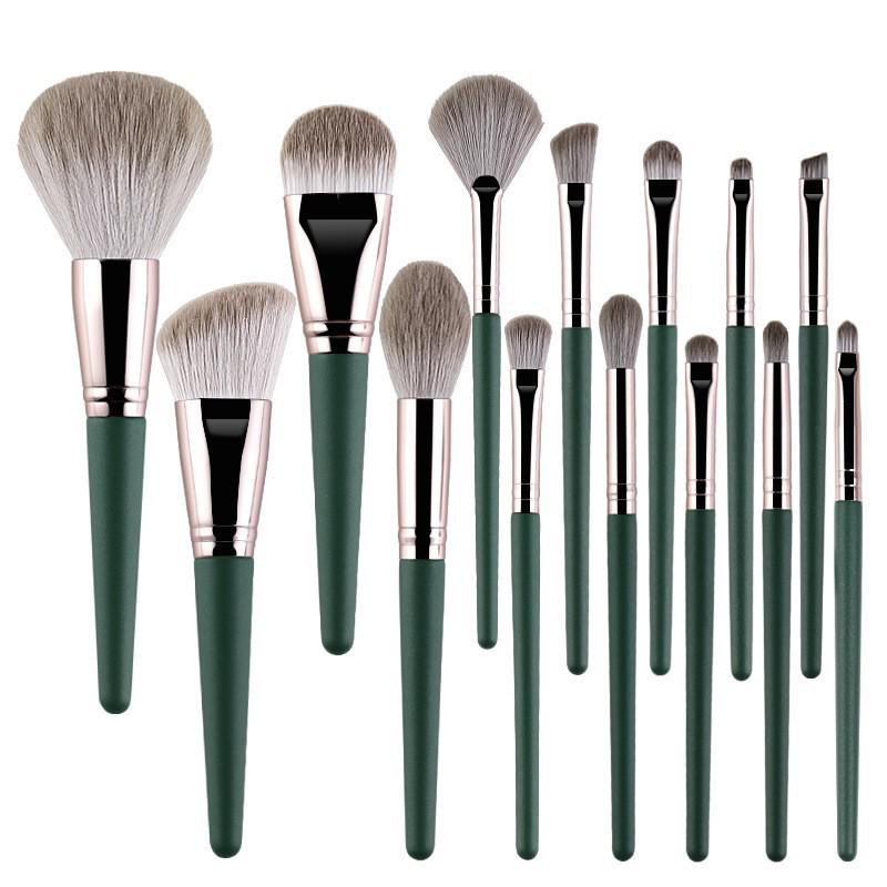 Green Cloud 14-Piece Beginner Makeup Brush Set - Ultra-Soft Bristles for Powder, Eyeshadow & More.