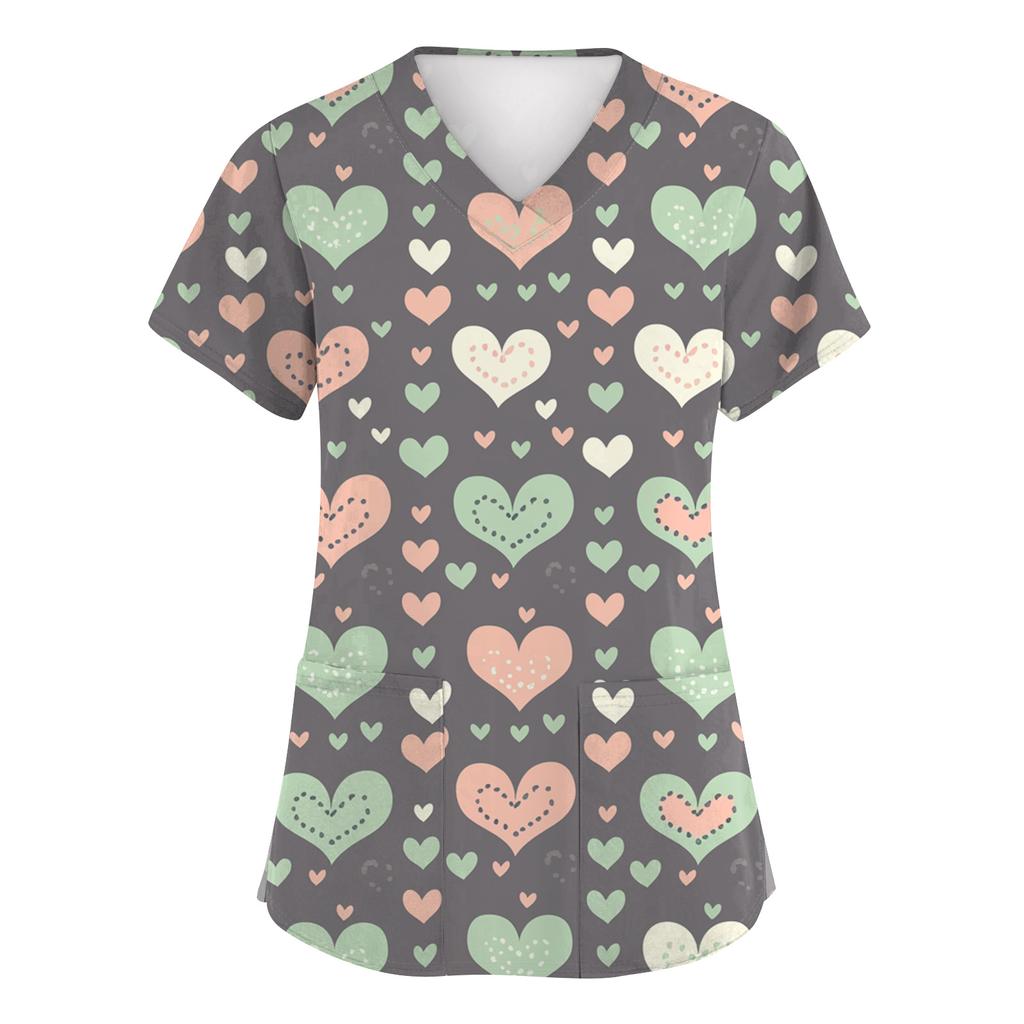 Women V Neck Printed Scrub Top with Heart Pattern Short Sleeve Uniform Top for Veterinary