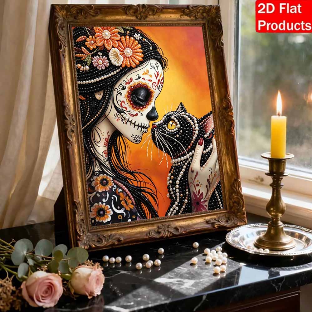 DIY Frameless Pearl Art Kit Sugar Skull Cat Design 3D Bead Painting Canvas Relaxing Handmade Craft for Home Decor Wall Art Gift