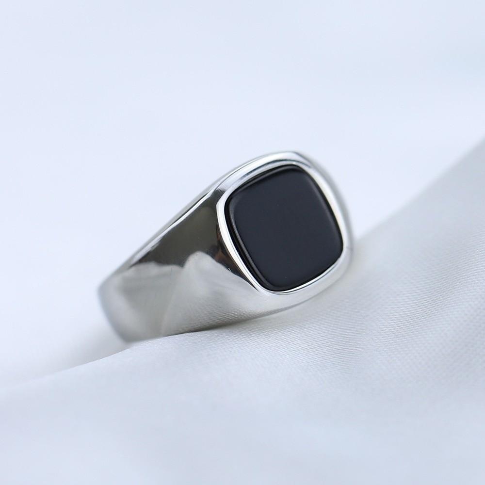 Silver Black Retro Black Rings Square Glass Stone Rings Black Stone Square Ring  Mourning
