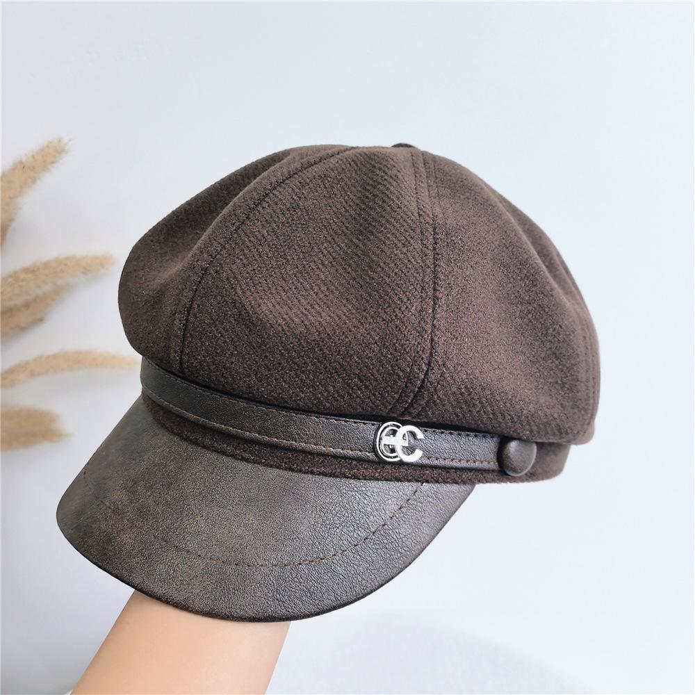 2024 Women's Winter Leather Brim Octagonal Beret - British Retro Warm Duckbill Painter Hat