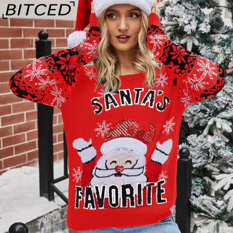 

BITCED Women s Christmas Pullover Sweater with Santa Claus Embroidery O-Neck Knit Sweater XL красный