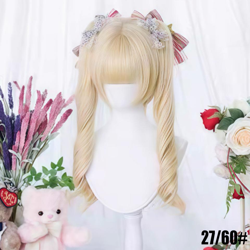 

WTB вьющиеся волосы двойной хвост синтетический парик женский милый повседневный Лолита мультфильм прямая челка двойной хвост длинные вьющиеся волосы 45CM