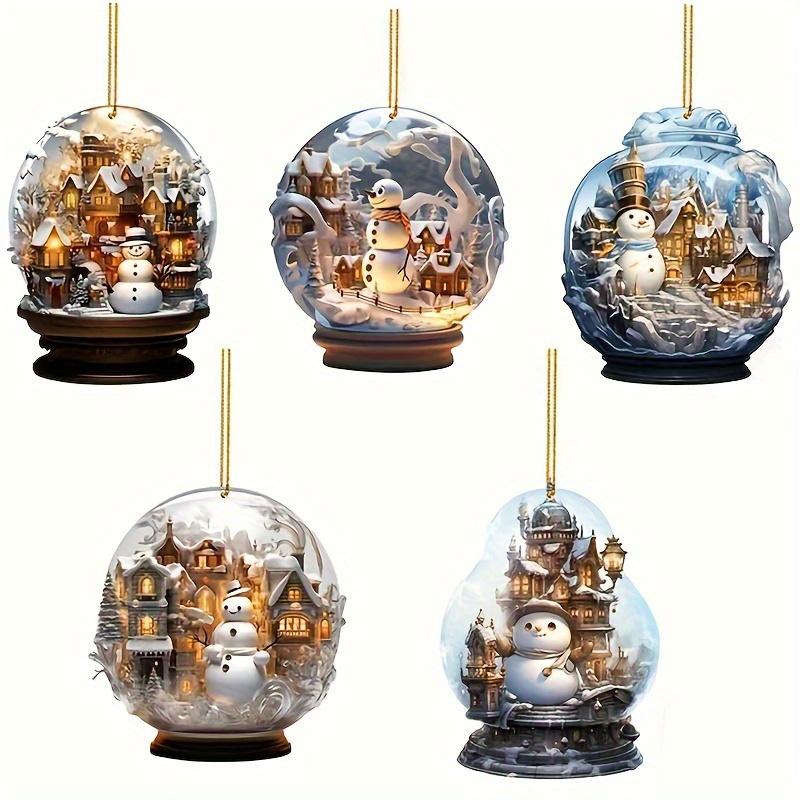 Christmas 2D Flat Mini Glass Ball Ornaments Acrylic Xmas Snowman Snowflake Imitation Glass Ball Pendant Xmas Tree Car Pendant