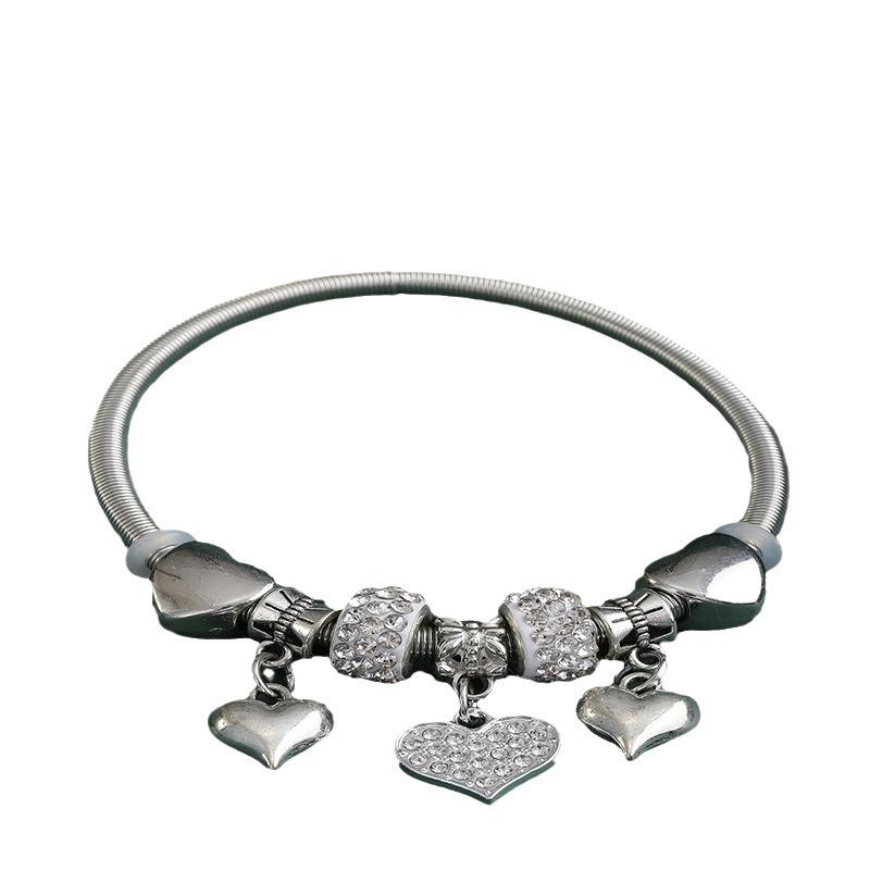 DIY Beaded Bracelet With Heart Charm Alloy Glued Crystal Spring Bangle Cross Over Diamond Ball Design