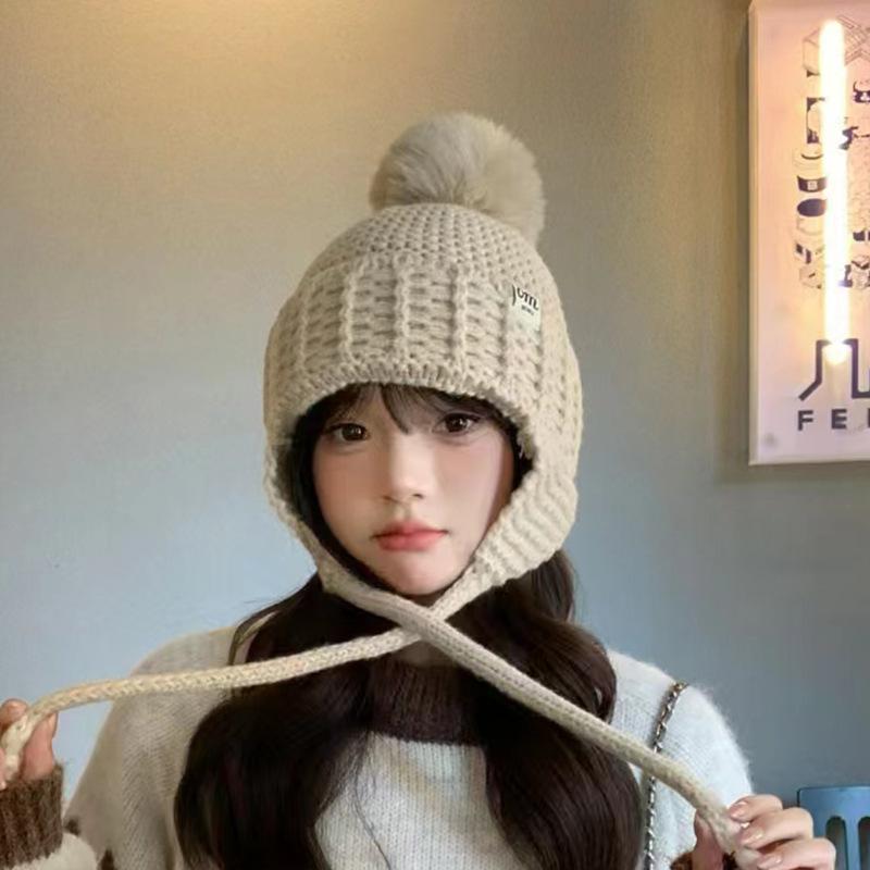 Women's Autumn and Winter Fashionable Korean Style Versatile Wool Hat Ear Protection and Warm Cute Wool Ball Knit Hat Pullover Cold Hat