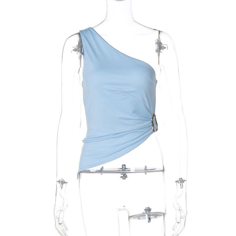 

Gusty High Street Elegant Adult Lady like Woman One Shoulder Metal Design Sleeveless Vest American Sexy Ins Style Irregular Top Blue S