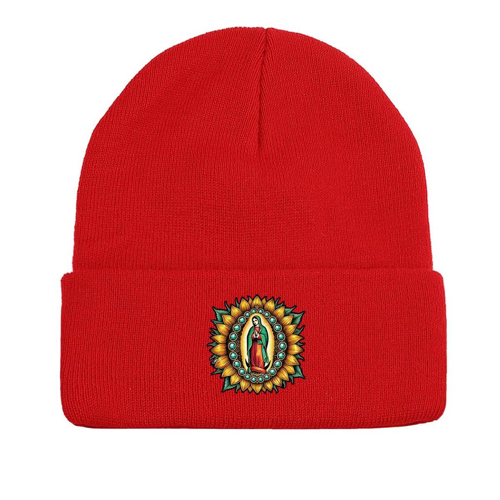 The Virgin Mary Sunflower Warm Knitted Hat Beanie, Woman Cap Cancer Chemo Cuff Solid Pompom Beanies Knit Cap Beanie
