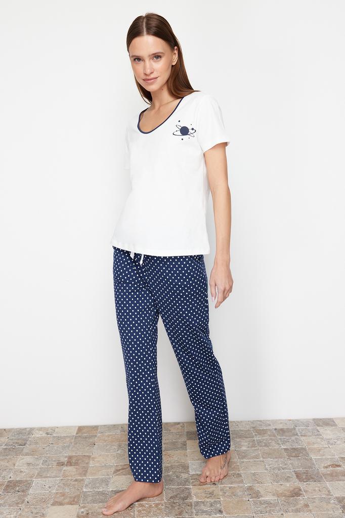 Women's Fashion New Pajama Set White-Multicolor Cotton Polka Dot Knitted Pajama Set