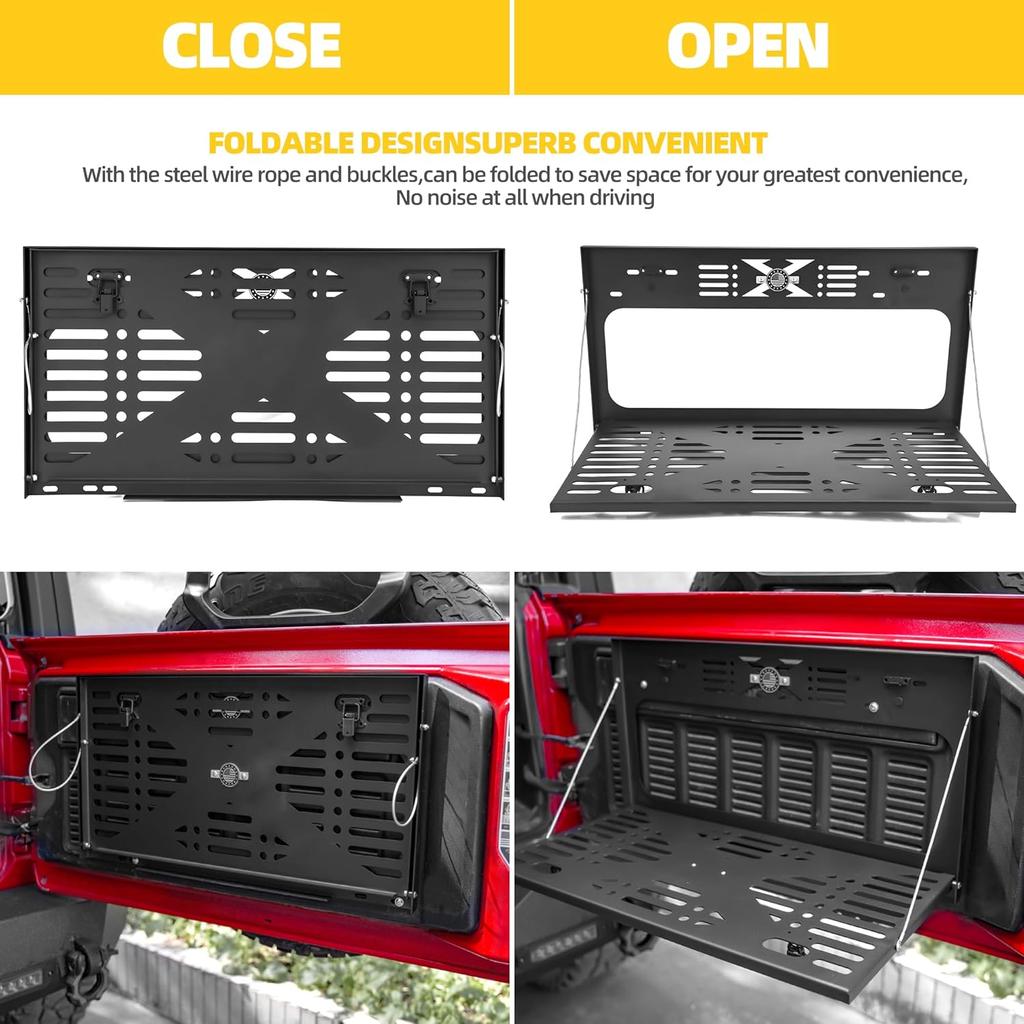 Foldable Tailgate Table for 2007-2024 Jeep Wrangler Jk and Jl, Rear Trunk Folding Storage Rack, Luggage Rack with Molle Panel, Wrangler Camping