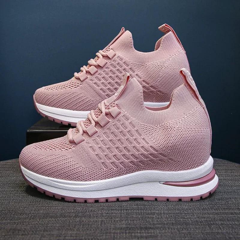 

fashion Women s Shoes with Round Toe Tie Up Thick Soles Elevated Fashion Shoes Casual Oversized Breathable Mesh Fly Knit Sports Shoes 35 чёрный