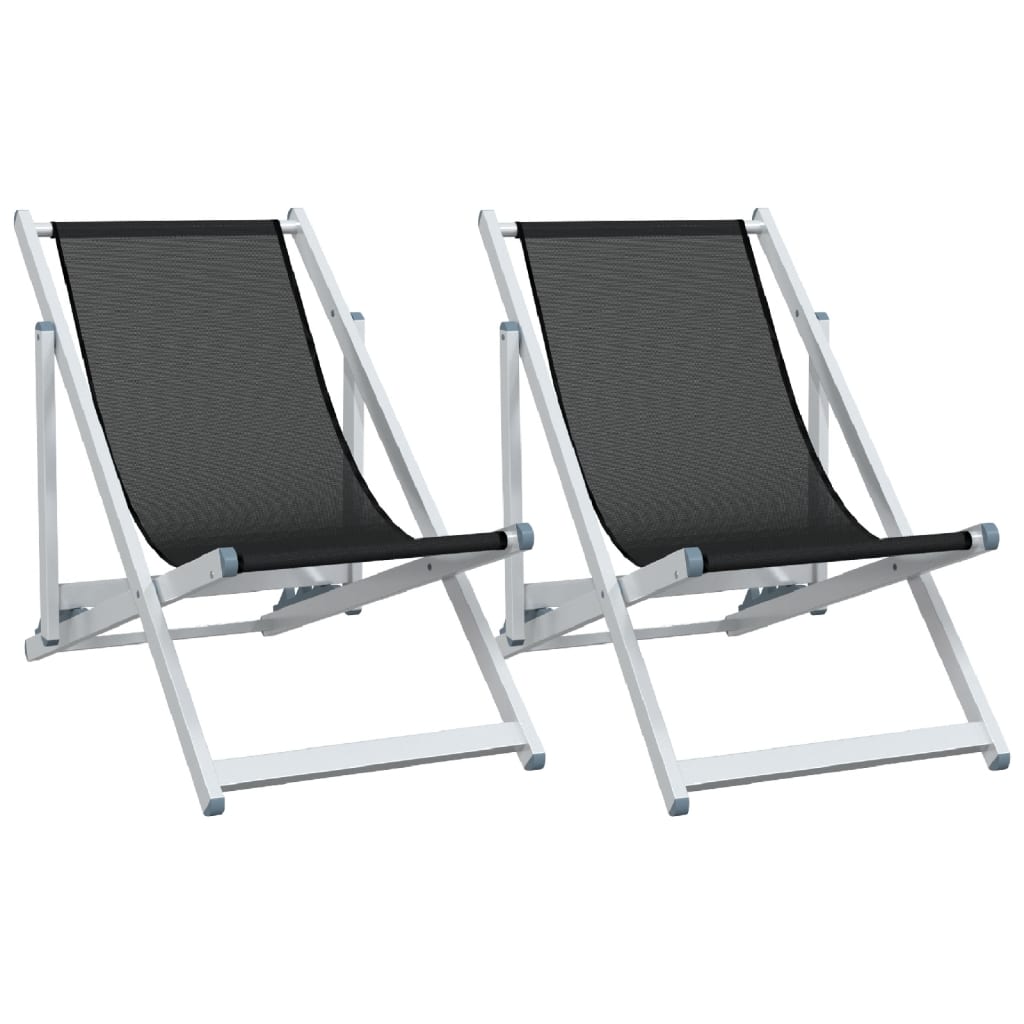 Beach Chairs 2 Pcs Foldable Black Aluminum and Textilene