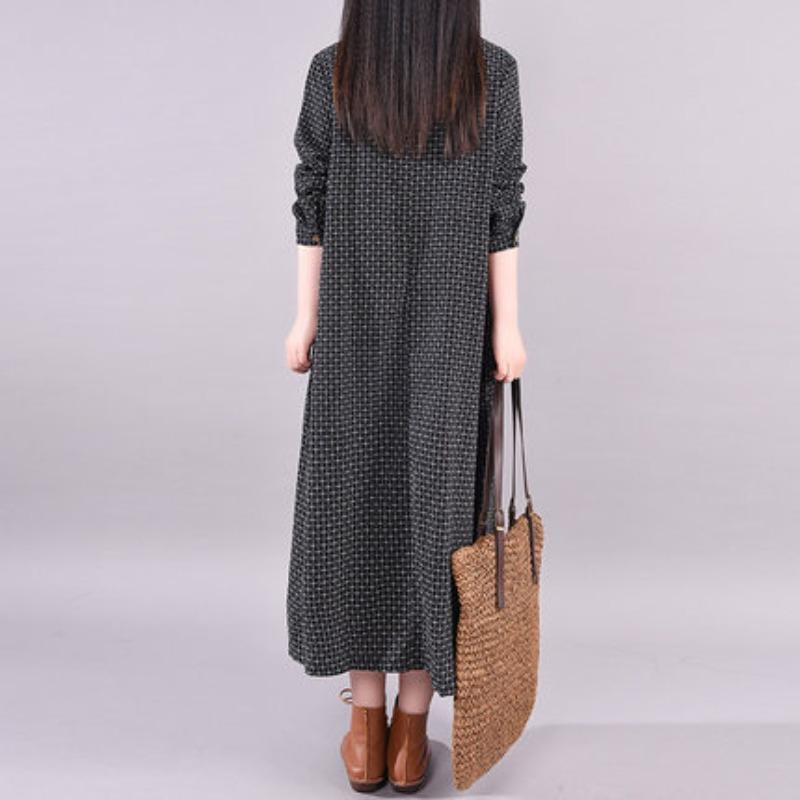 Women's Autumn and Winter New Loose Retro Linen Black Mid Length Dress