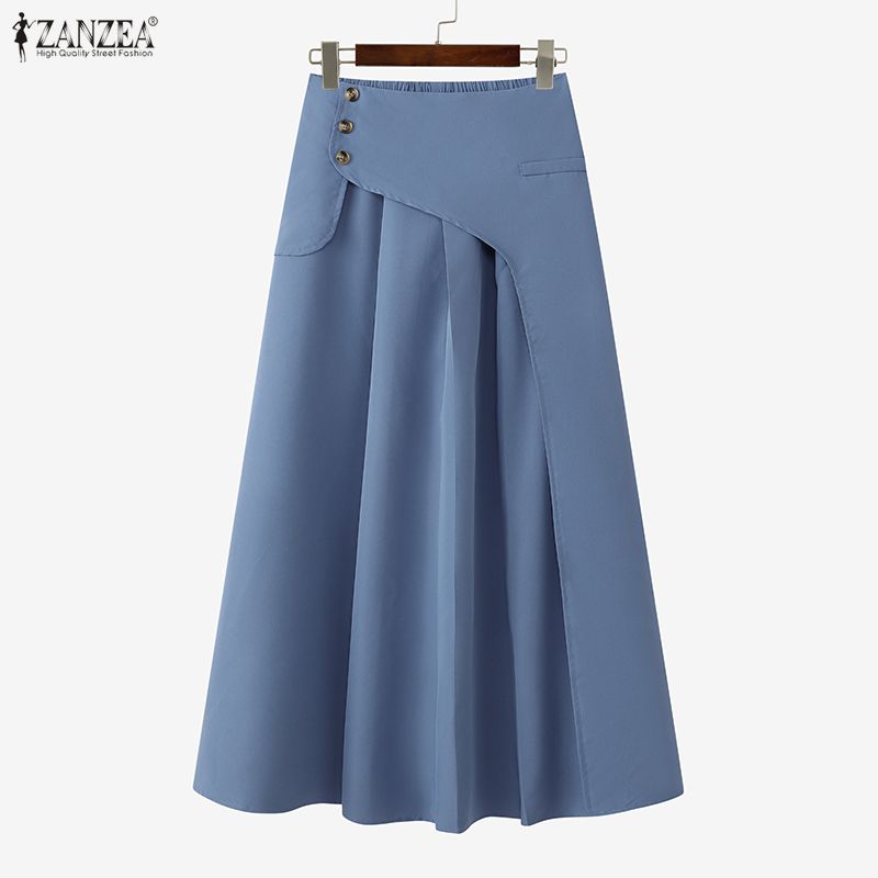 ZANZEA Dames Casual Elastische Taille Effen Kleur Losse Lange Rokken