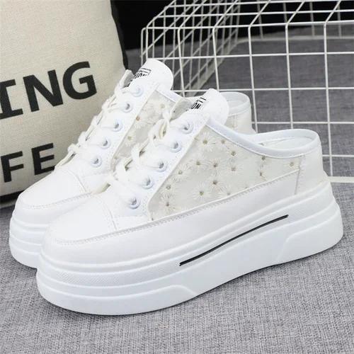 Fashion Baotou Semi-slippers Women's Summer New Outer Wear Embroidery Mesh Breathable Slip-on  Increase 8cm Sandals Sneakers