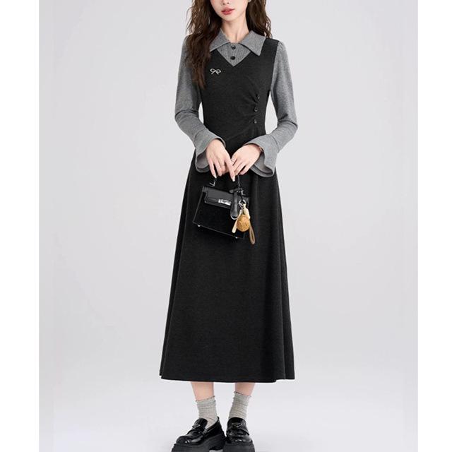 

Plus Size French Retro Long Sleeve Dress - Slimming, Waist-Cinched, Age-Reducing, Autumn/Winter XL чёрный