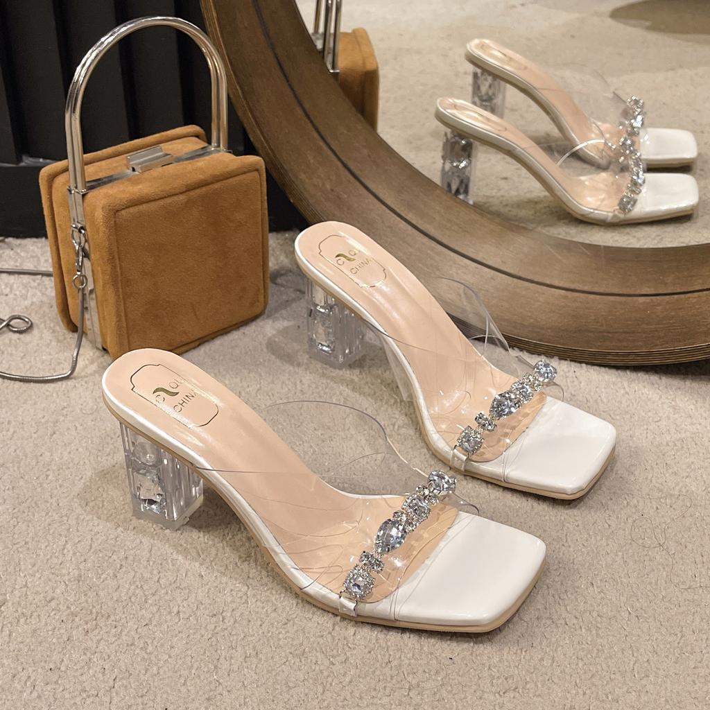 Transparent Thick-heeled Rhinestone Sandals for Women's Outer Wear 2025 New Square-headed Crystal and Versatile High-heeled Cool Slippers