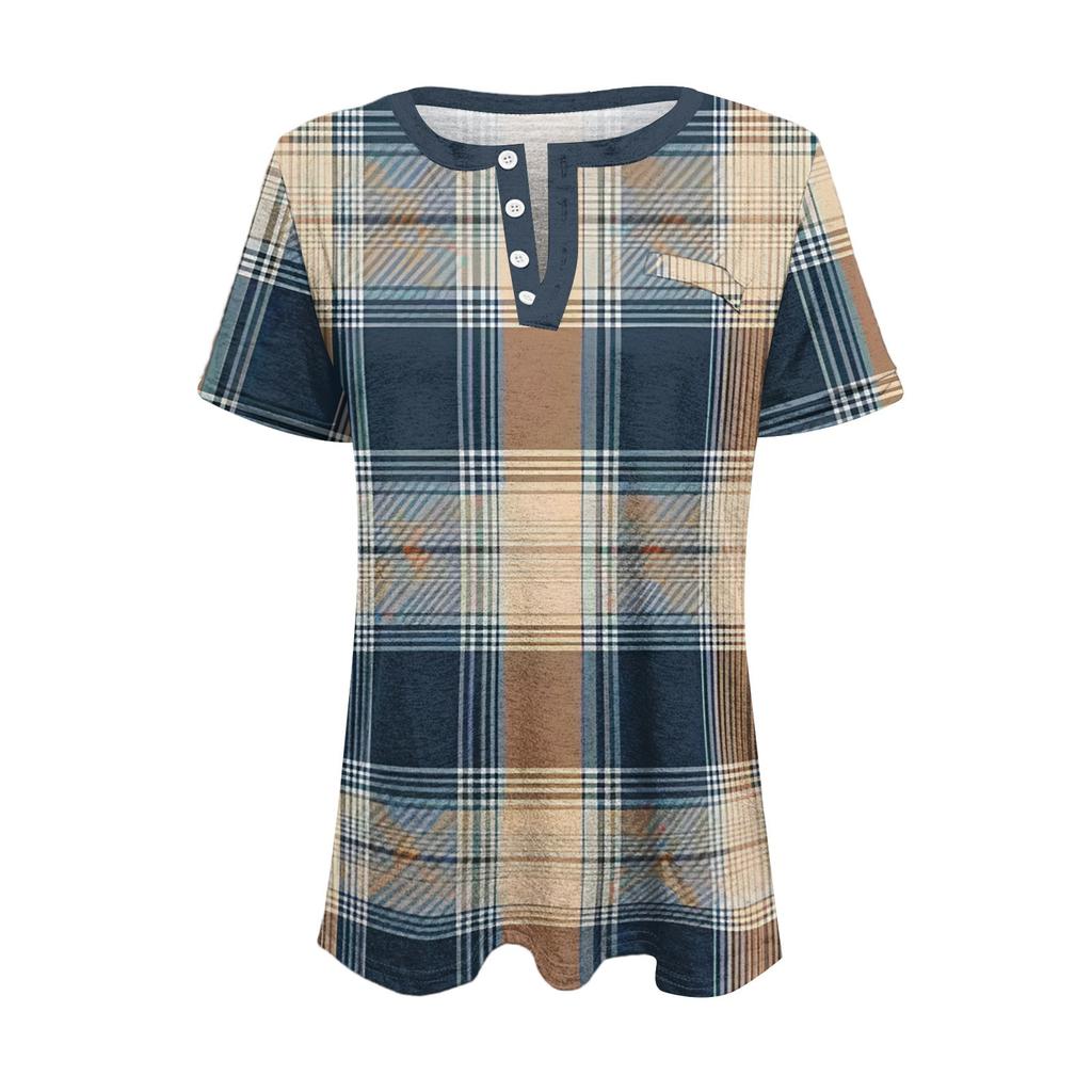 Modisches Lässiges Sommer-Karomuster V-Ausschnitt Knopf Kurzarm-Oberteil für Damen