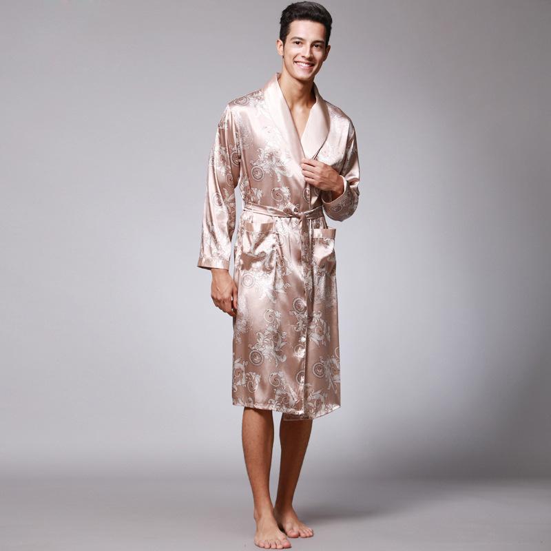 Yaoting Men's Long Sleeve Silk Pajamas and Bathrobe Set, Ice Silk Loungewear