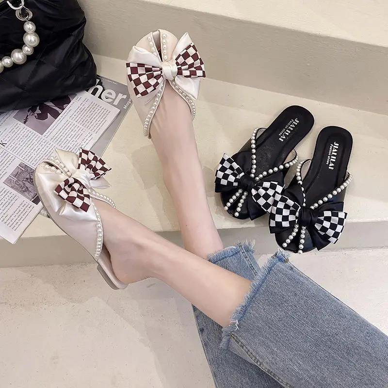 Fashion Closed Toe Half Slippers for Women Summer Wear New Bow Pearl Flat Soft Bottom Peep-Toe Slippers Shoes for Women Zapatos De Mujer