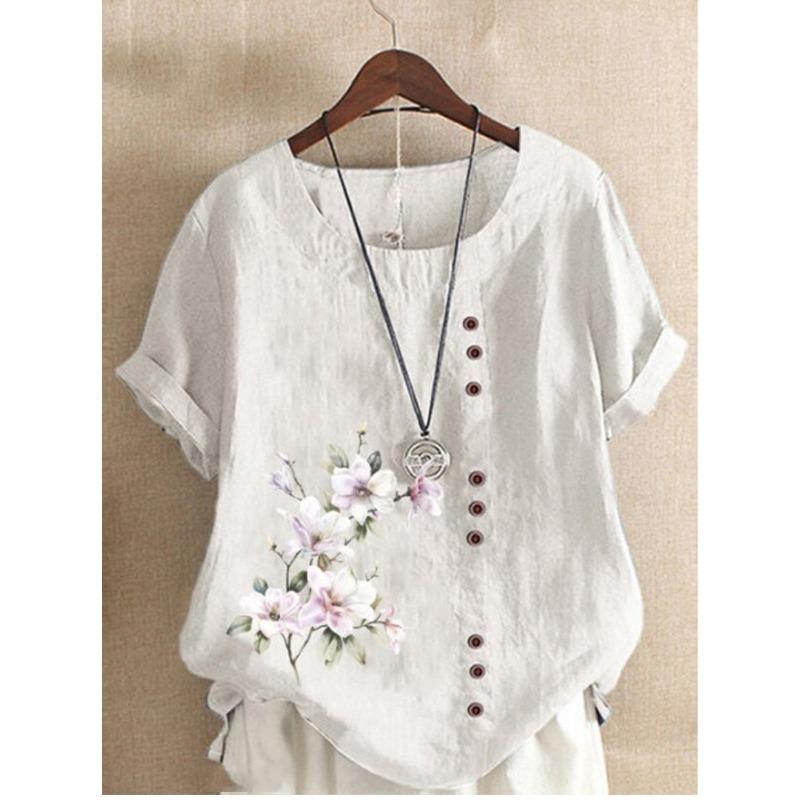 

2026 Summer Printed Plus Size Women Blouse O-neck Short Sleeve T-shits Loose Button Shirts Fashion Elegant Casual Oversize Tee Sweet Basic Clothing S белый