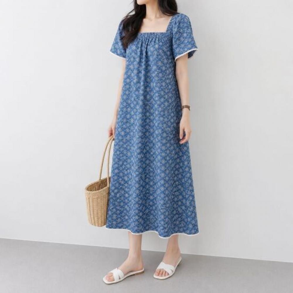 Mizqz Women Summer Flower Square Neck Long Dress Denim Mood Resort Dress