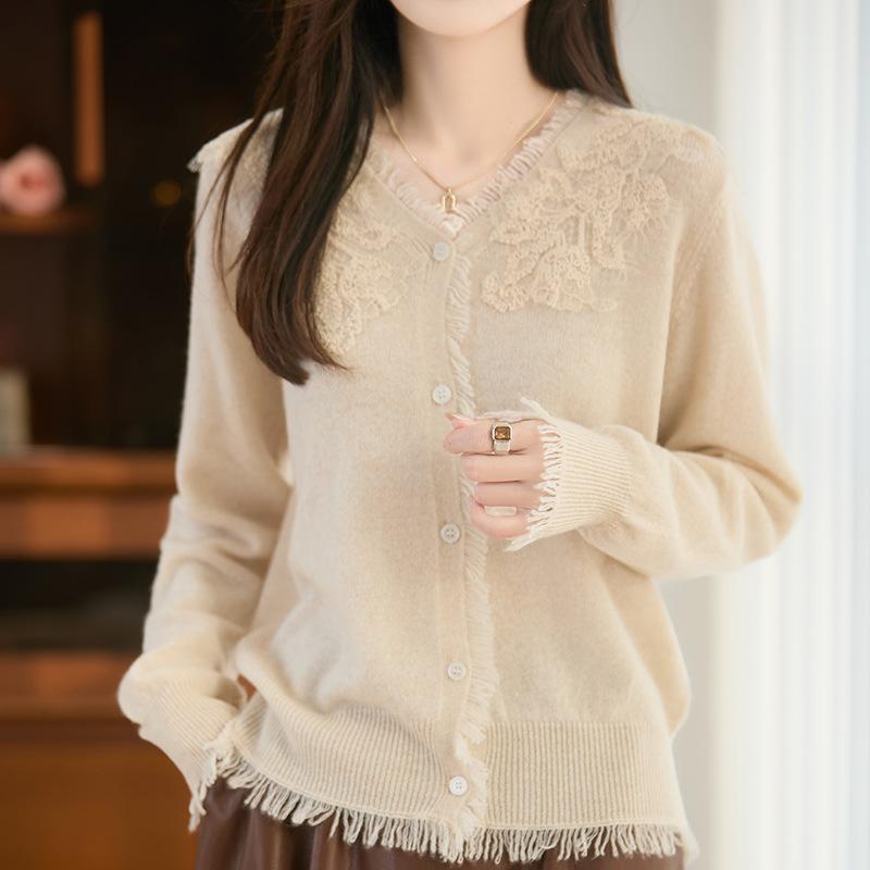 Autumn And Winter New V-Neck Solid Color Cashmere Knitted Cardigan Heavy Industry Embroidery Fringed Edge Loose Top Coat