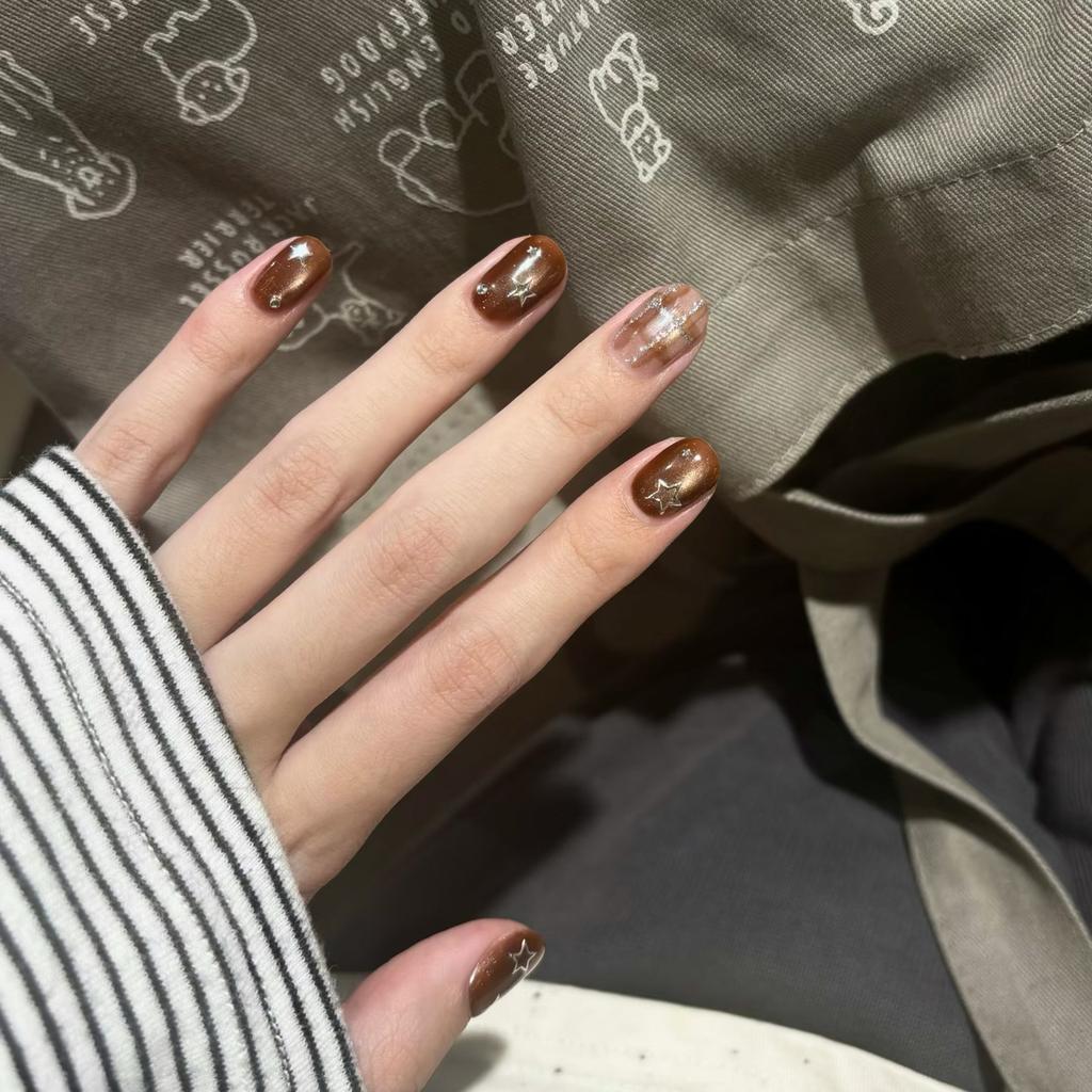 10Pcs Retro Brown Star Grid Handmade Press On Nails Removable Fake Nails For Women Girls Decorative Wearable Nail Tips