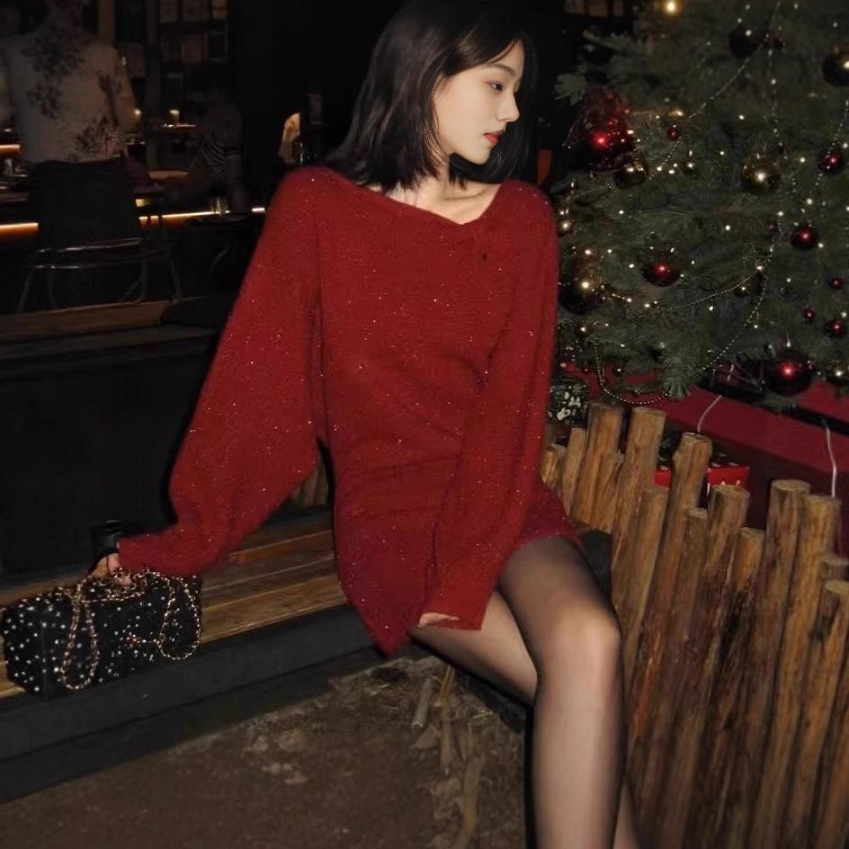 New Year's Little Red Dress Hepburn-Style: Elegant Glitter Knit Dress for Women, Autumn/Winter Collection