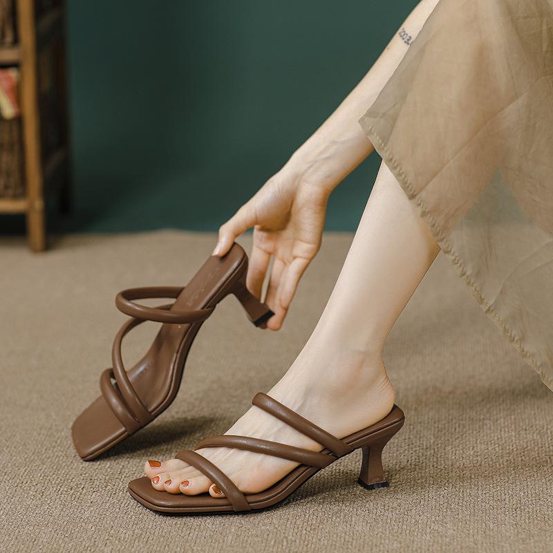 High-heeled Slippers, High-end Exterior Wear Fashion, Thin Heels 2025 New Summer Nude French Square Head One-word Cool Slippers