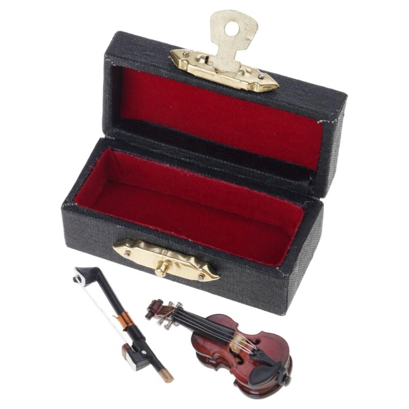 Mini Violin Model Set Wooden Miniature Violin with Stand,Case for Dollhouses Accessory Home Decoration Display Ornament