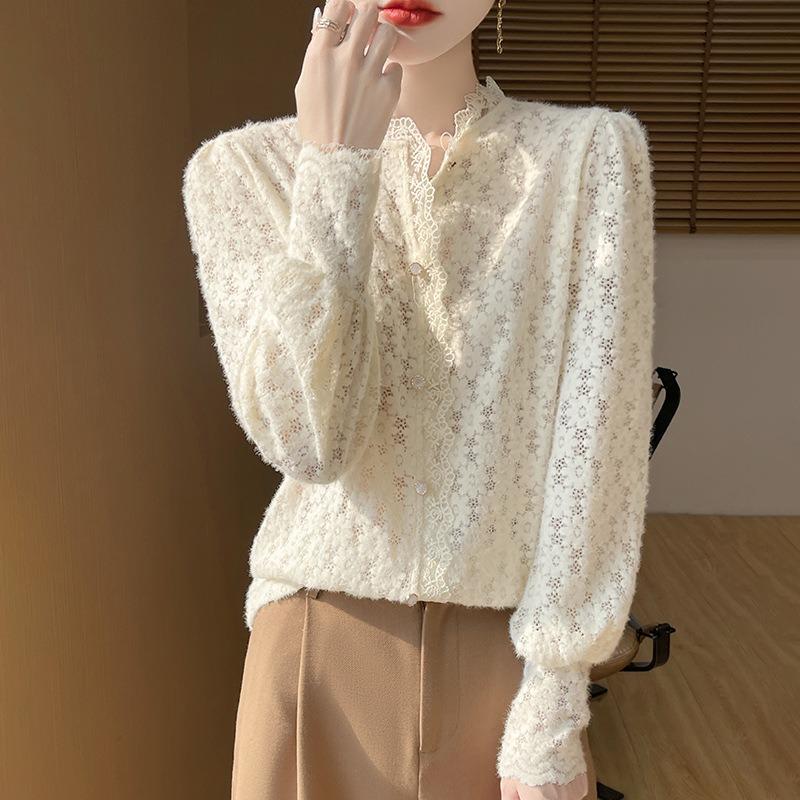 Temperament polished hollow bubble sleeve lace top women's bottoming shirt with spring and autumn new loose