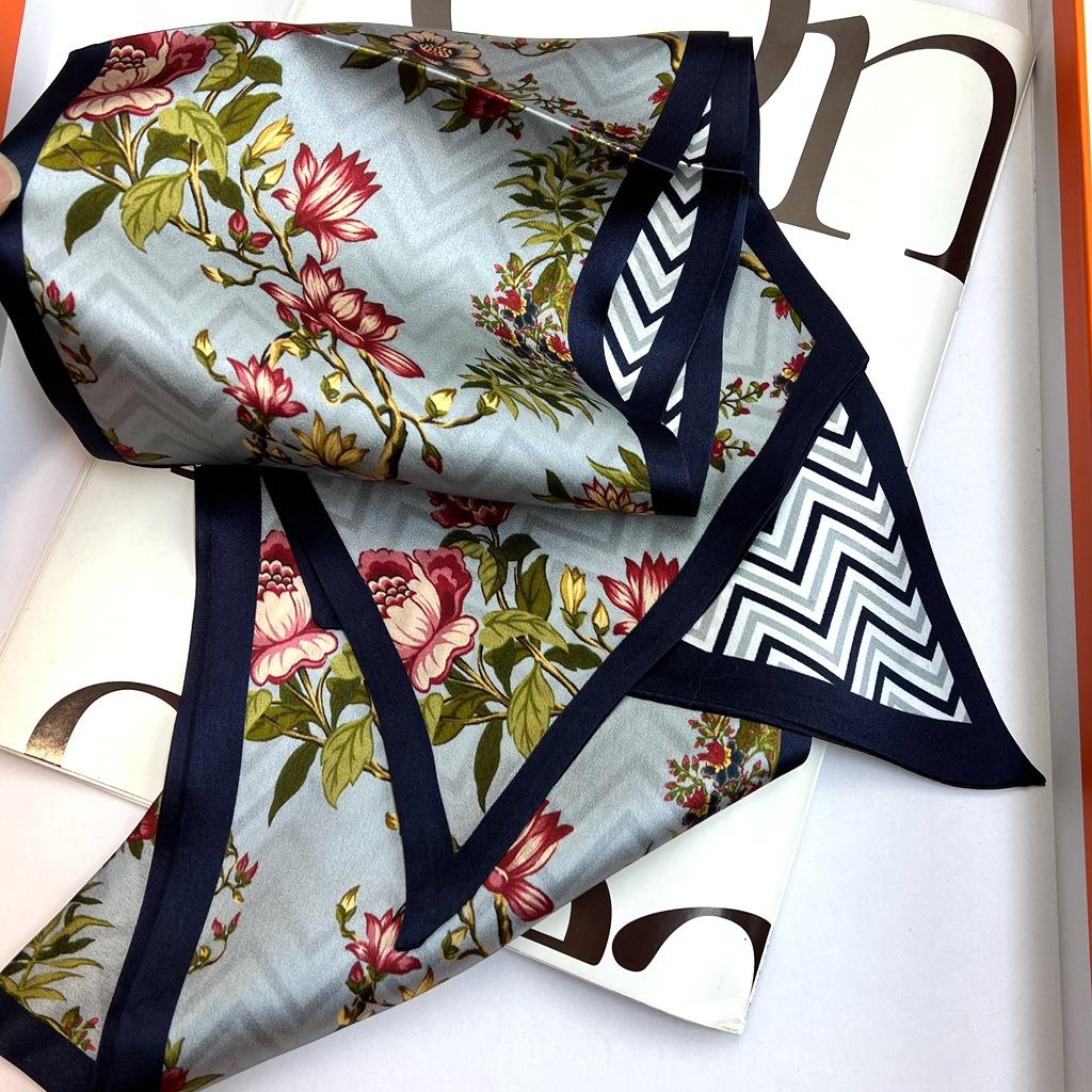 Silk Scarf Temperament Versatile Blue Floral Mulberry Silk Silk Scarf Thin Narrow Long Double-Sided Scarf Streamer