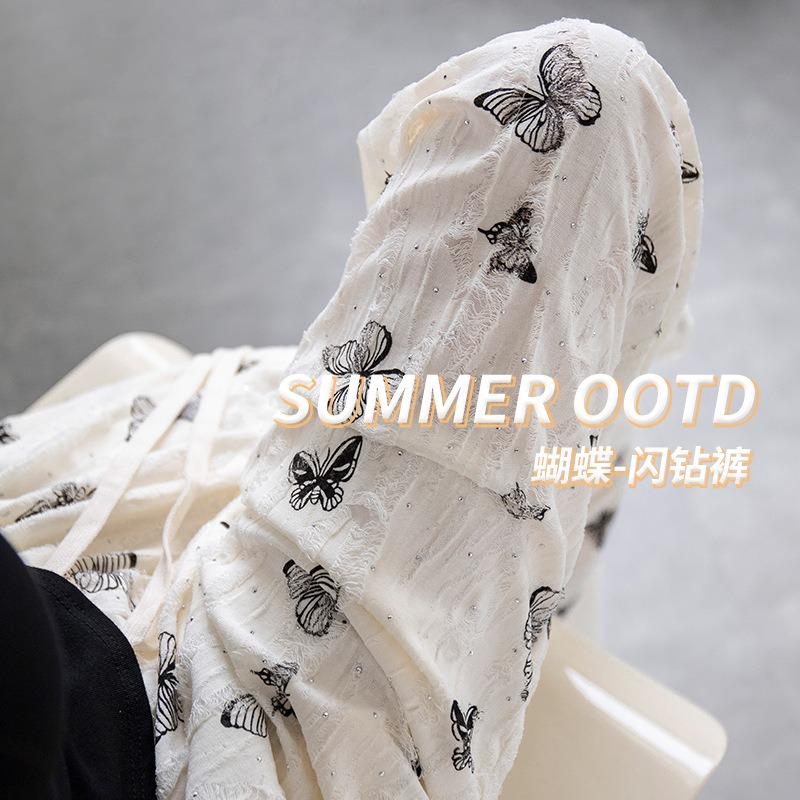 Ice silk wide-leg pants women's summer high waist drape casual lazy small butterfly print ripped white straight-leg pants