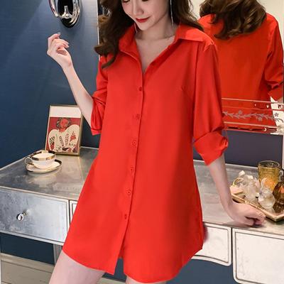 Frauen Casual Hemd Kleid Frühling Herbst Mid-länge Hemd Kleid Revers Langarm Einreiher Langes Hemd Einfarbig nachthemd