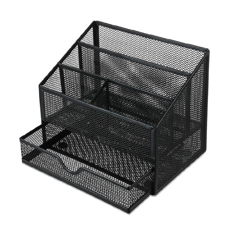 Desktop Metal Pen Organiser with Drawer 5 Compartments Desk Storage Tray Large Capacity Pen Container For Office School