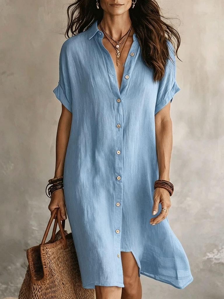 2026 European and American Spring/Summer Casual Cotton Linen Short Sleeve Shirt Dress