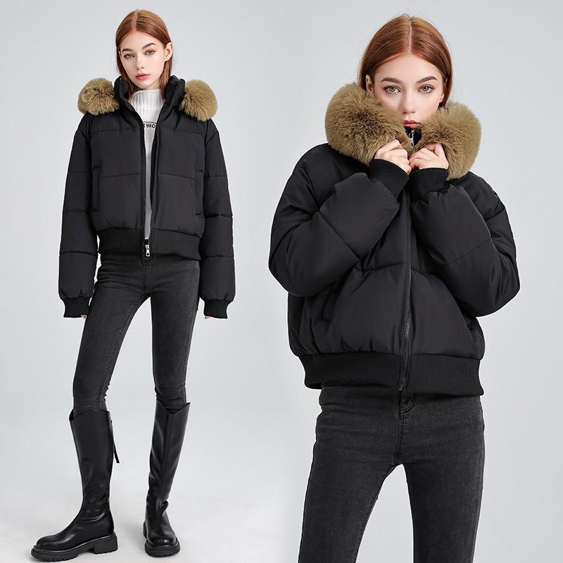High waist big fur collar hooded short cotton jacket women's autumn and winter new down cotton jacket thin jacket