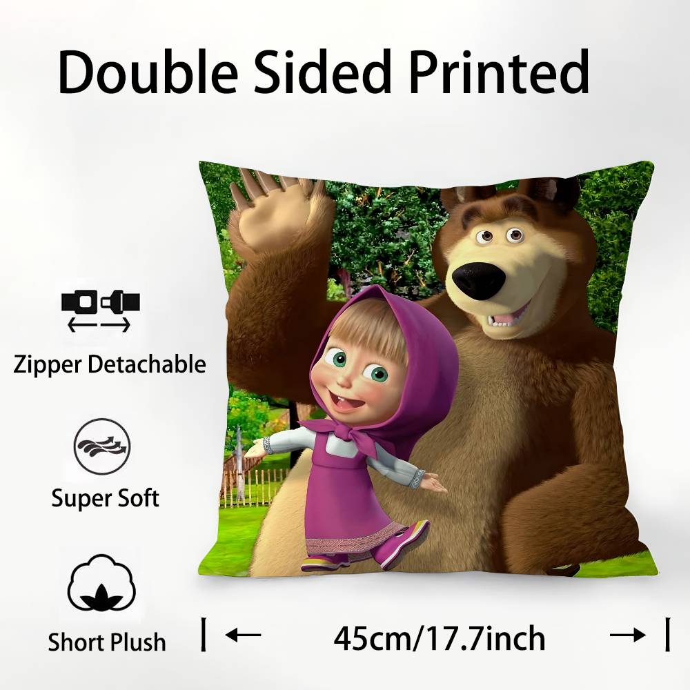 Cartoon Cute M-MashaS And The Bear Pillow Case Square Double‑Sided Print Cushion Case For Sofa Home Bedchamber Decor Gift