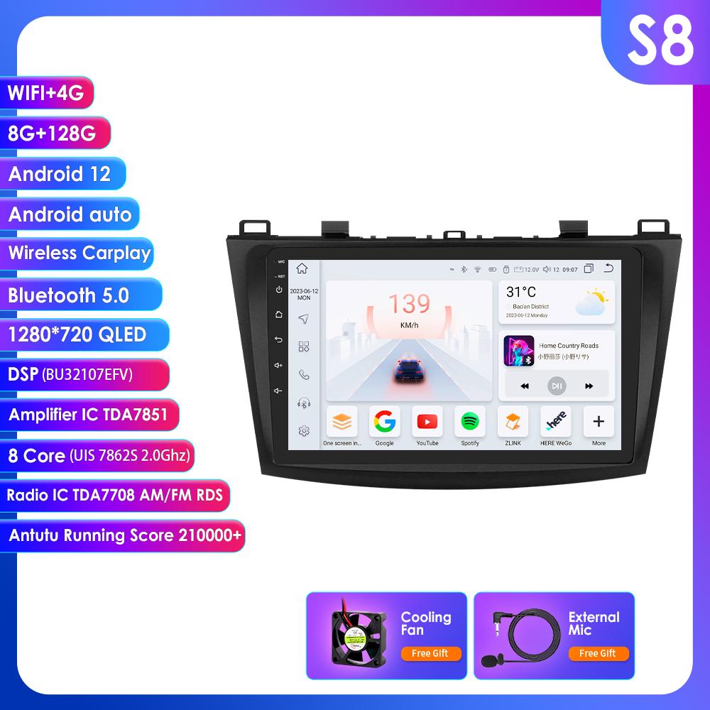 OSSURET 9" Android 14 UIS7862 Carplay Screen for Mazda 3 2010 - 2013 Car Radio Automotive Multimedia GPS Intelligent Navigation BT RDS DSP Octa Core