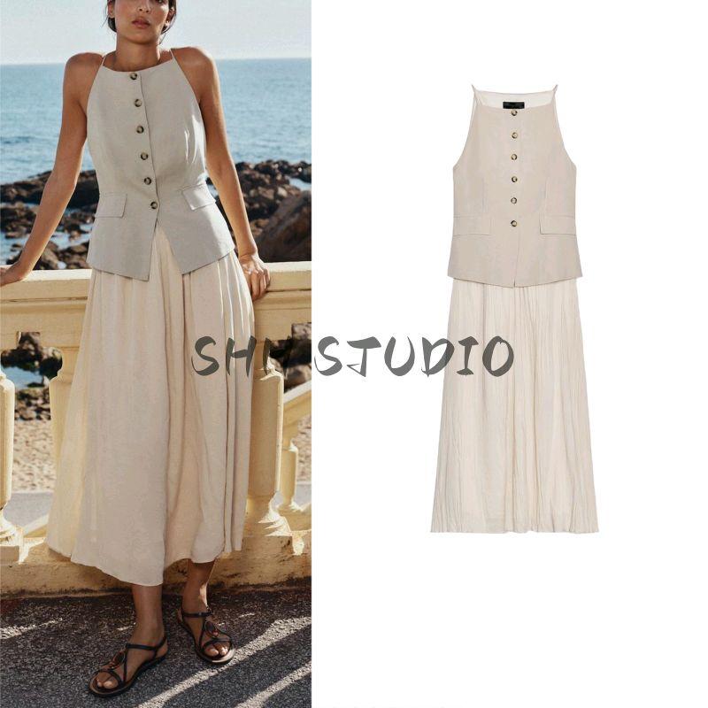 Summer New Product Women's Clothes Inner Elastic Waist Small Pleated Skirt Hem Midi Skirt Vest Dress 5029115
