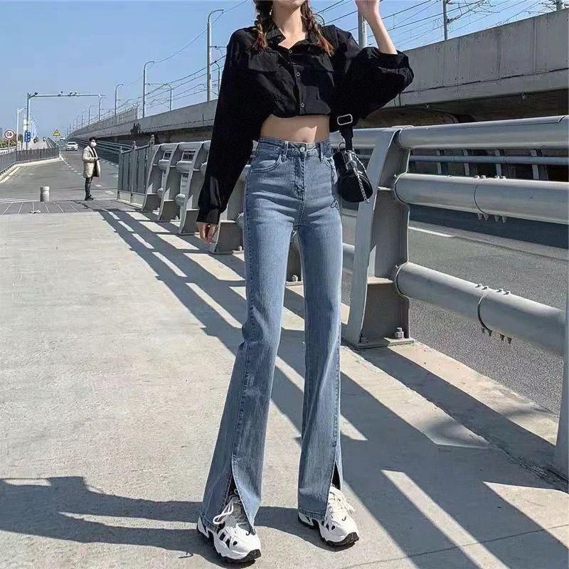 

2025 Bell-Bottom High-Waist Denim Jeans - Slimming, Elastic, Floor-Length Pants for Spring and Autumn Large