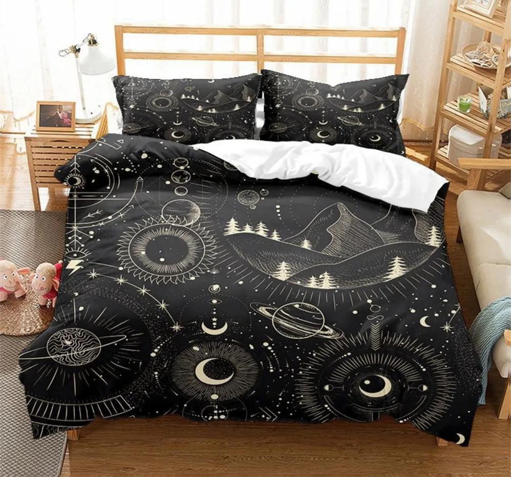 Black Sun Moon Star Bedding Set Bohemian Totem Line Duvet Cover Pillowcases Bedlinen Adults Bedclothes Twin Full Queen King Size