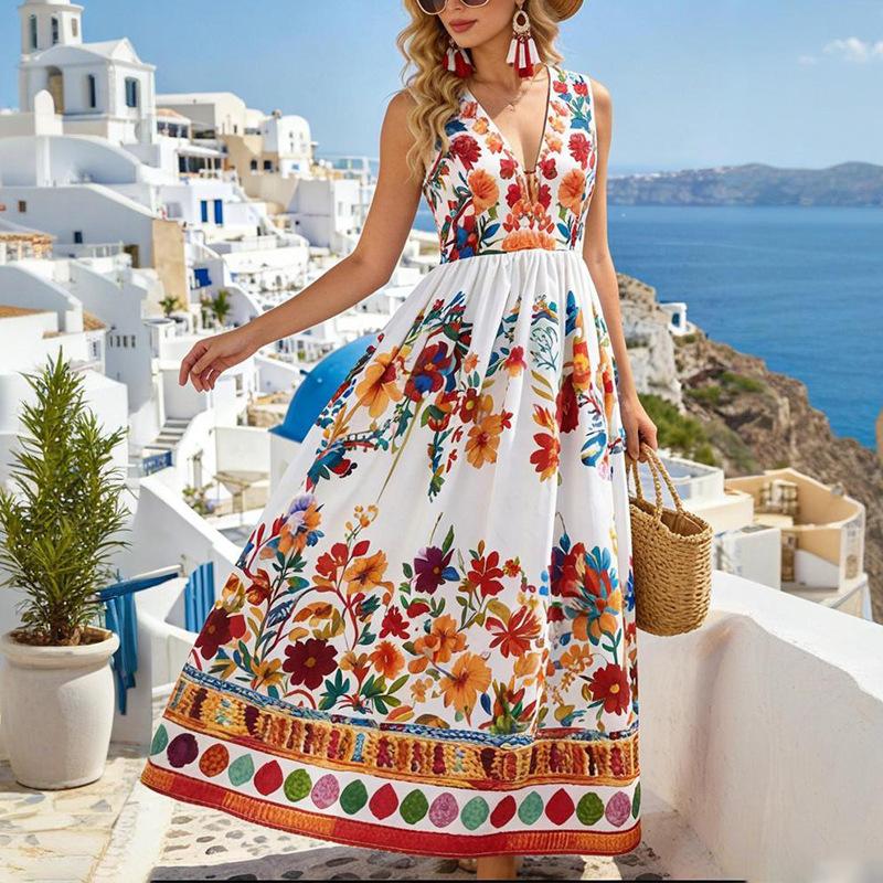 European and American spring new women's printed sleeveless vacation-style casual large hem dress