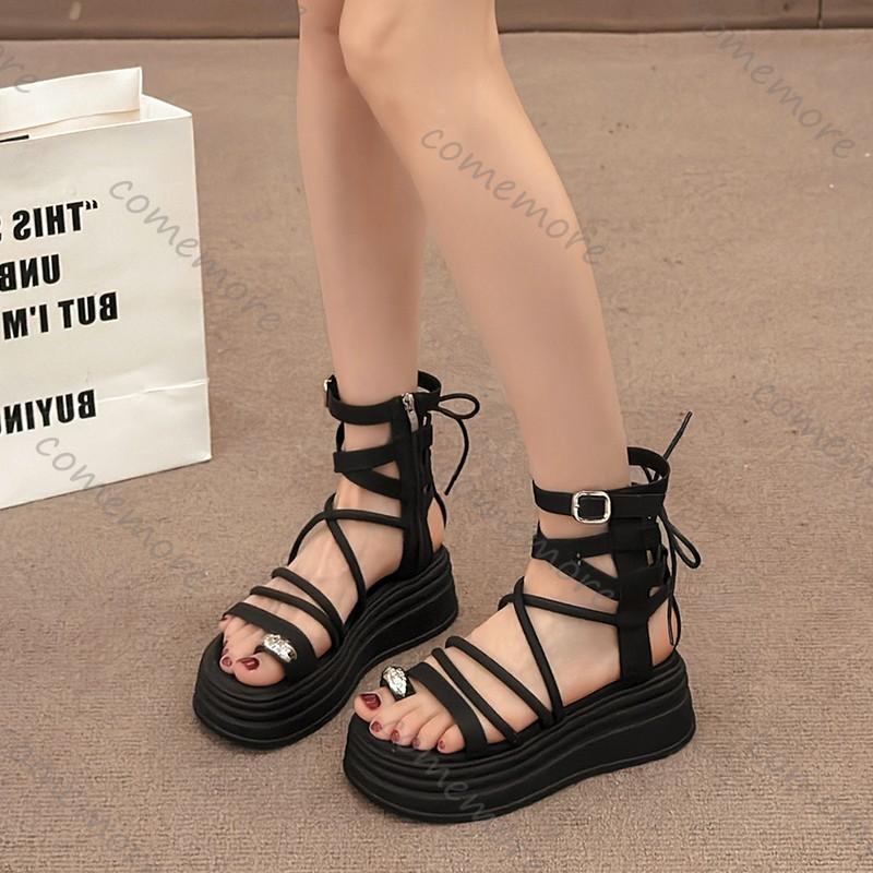 Fashion Comemore New Round Head Set Toe Women's Shoes Thick Soled Roman Sandals Tide Hollow Cold Strap Sports Beach Boots for Women